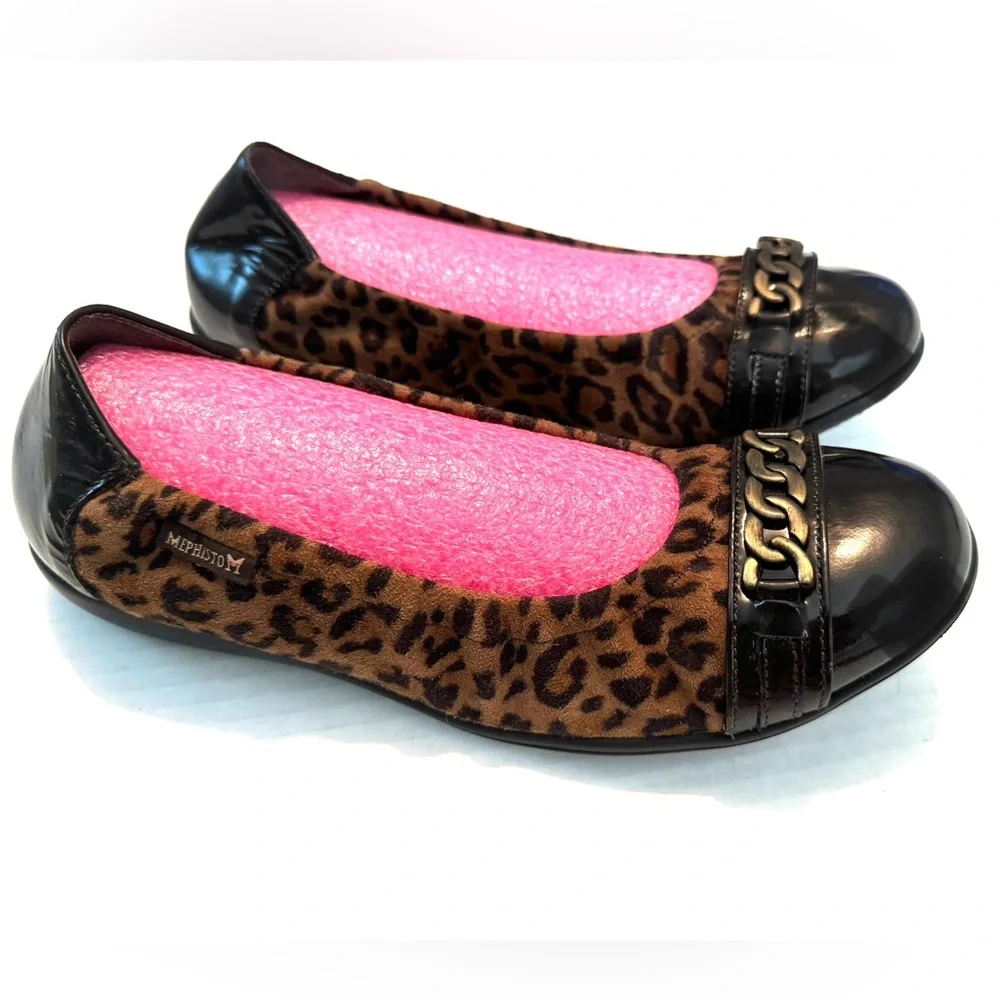 Mephisto Ballet Flats 7.5 Brown Cheetah Leather Cap toe slip ons animal Preppy